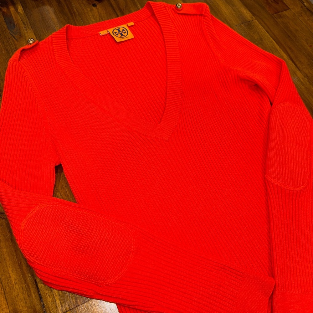 Tory Burch Orange Cashmere Ribbed V-Neck Sweater Elbow Patches Gold Button Large - Picture 2 of 8